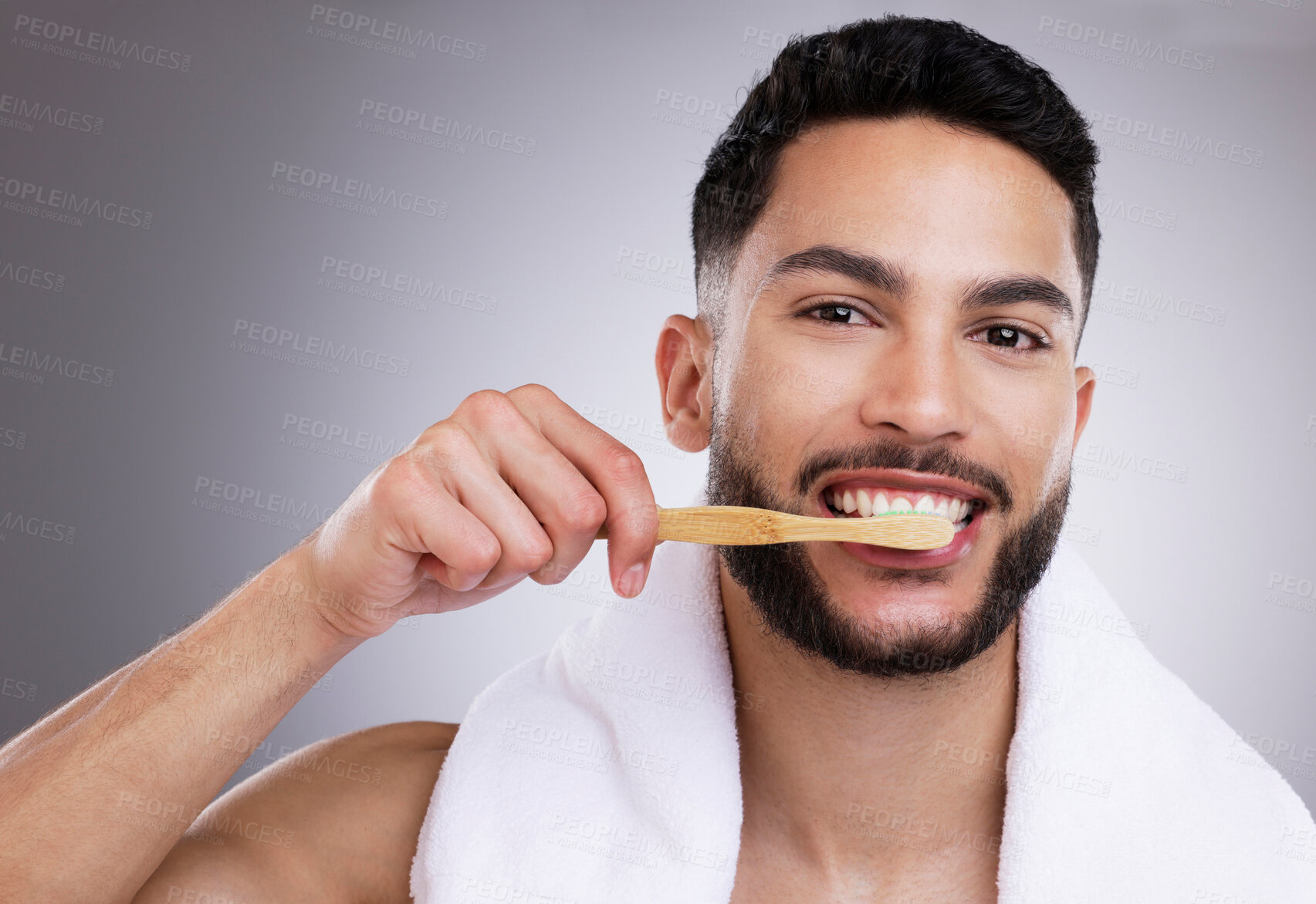 Buy stock photo Portrait, man or toothbrush for dental hygiene, wellness or cleaning on white studio background. Face, person or model with teeth whitening, grooming routine or oral health with care or remove plaque