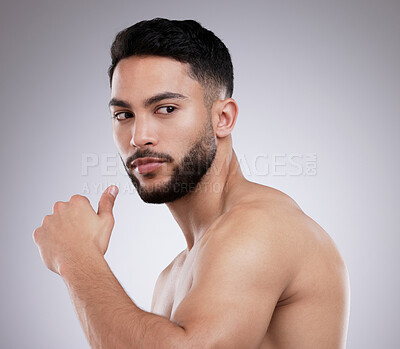 Buy stock photo Thinking, skincare and man in studio for beauty, grooming and natural isolated on white background. Dermatology, serious face and model in cosmetics for health, wellness or clean facial aesthetic