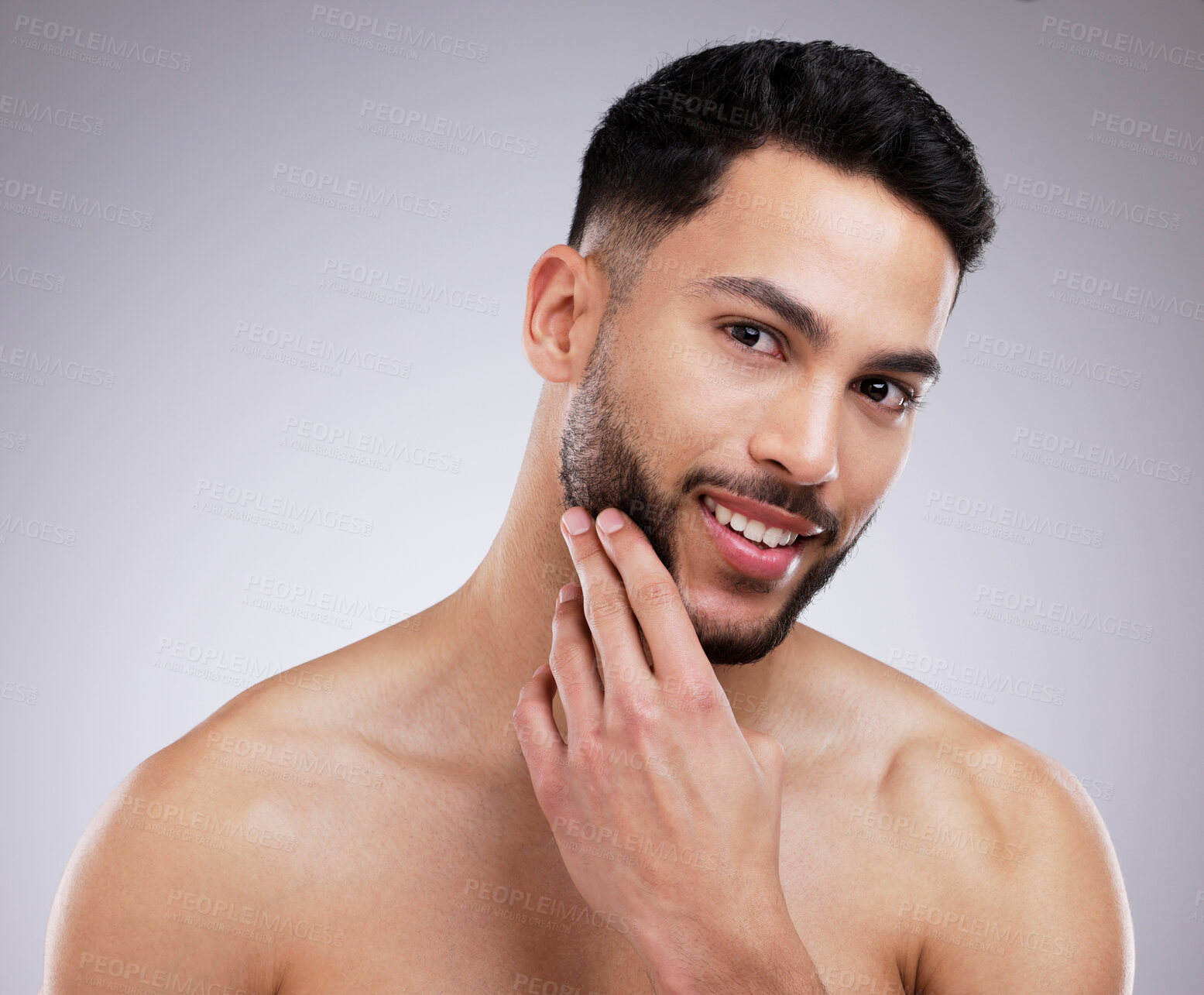 Buy stock photo Skincare, grooming and portrait of happy man in studio with natural, beauty and face routine. Self care, beard trim and male model with dermatology facial treatment for clear skin by gray background.