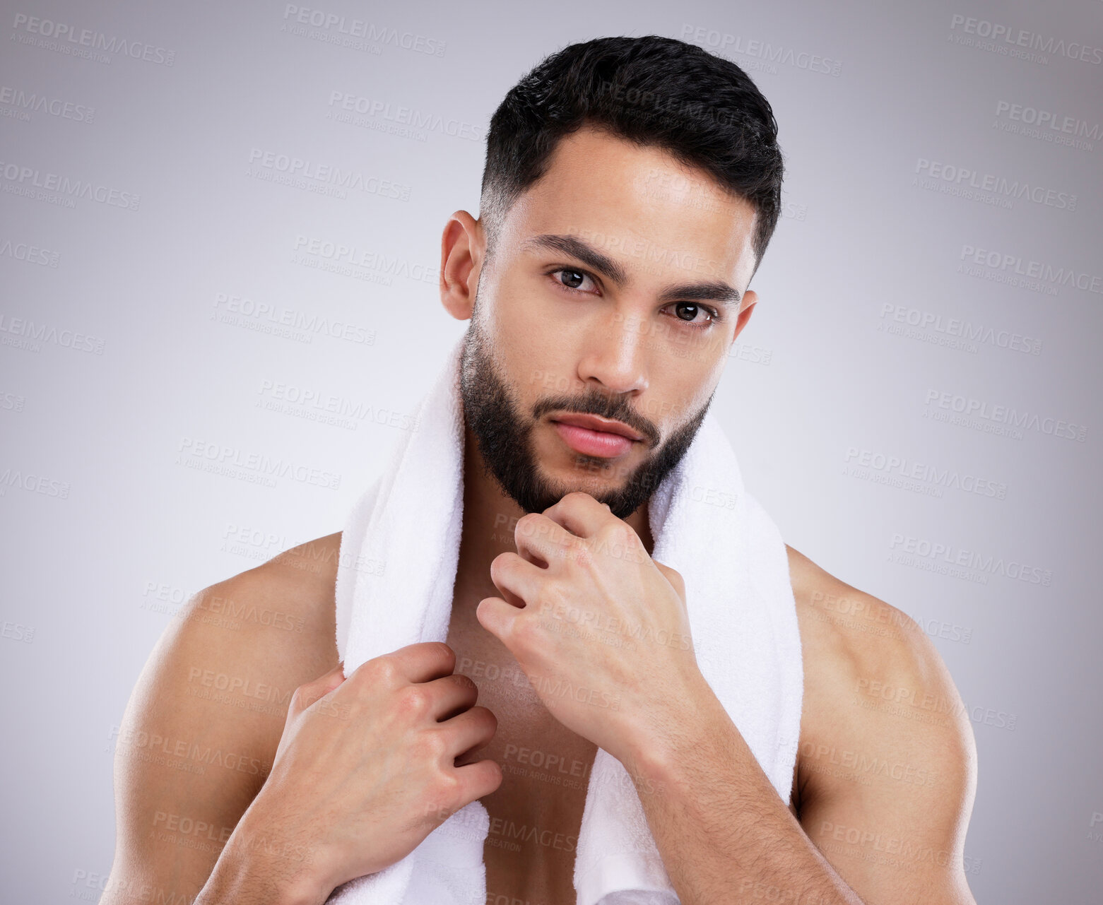 Buy stock photo Thinking, skincare and portrait of man in studio for beauty, grooming or natural isolated on white background. Dermatology, serious face or model in cosmetics for health, wellness or clean with towel