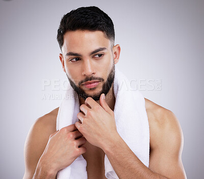 Buy stock photo Thinking, skincare and man in studio for beauty, grooming and natural isolated on white background. Dermatology, serious face and model in cosmetics for health, wellness or clean facial aesthetic