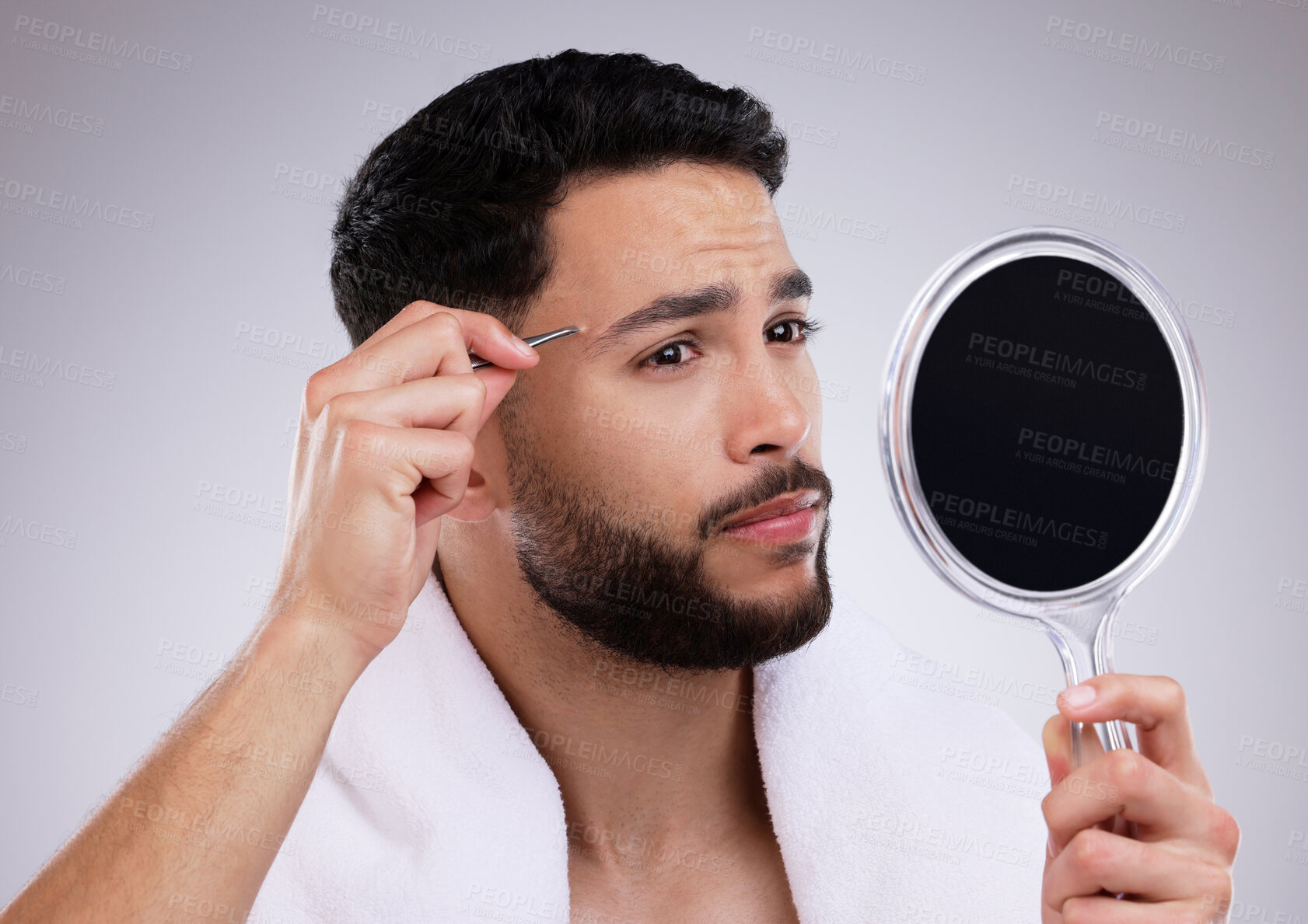 Buy stock photo Man, mirror and tweezers for eyebrows with skincare isolated on white background with face. Beauty, routine and hygiene in morning for wellness or cleaning with microblading, natural and grooming.