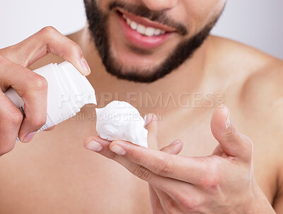 Buy stock photo Shaving cream, product or hands of man with hair removal foam for skincare or cosmetics in studio. Aftershave gel, smile or male person in closeup for beauty treatment or wellness on white background