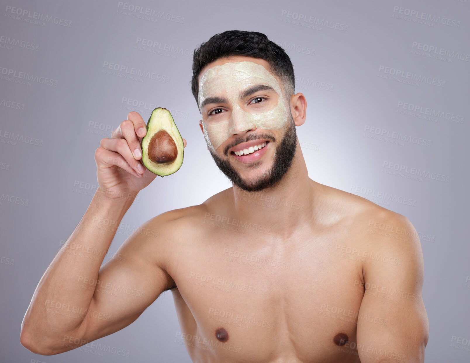 Buy stock photo Avocado, portrait or man with face mask for cleaning, detox or healthy pores for beauty in studio. White background, peeling or skincare cosmetics lotion for natural facial cream product treatment