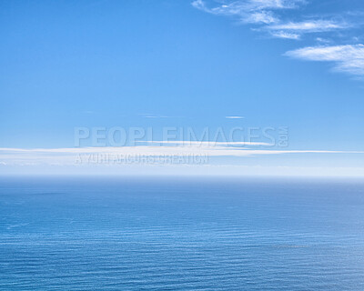 Buy stock photo Ocean landscape for copy space, serene and quiet water over a blue horizon. Peaceful and empty sea on a sunny summer day with clouds. Stunning nature scene of water ripples for wallpaper background