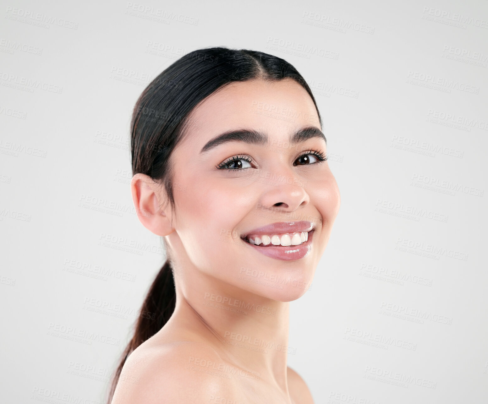 Buy stock photo Portrait, skincare and woman with beauty, cosmetics and dermatology on white studio background. Face, person or model with healthy skin, grooming routine or treatment with smile, collagen or wellness