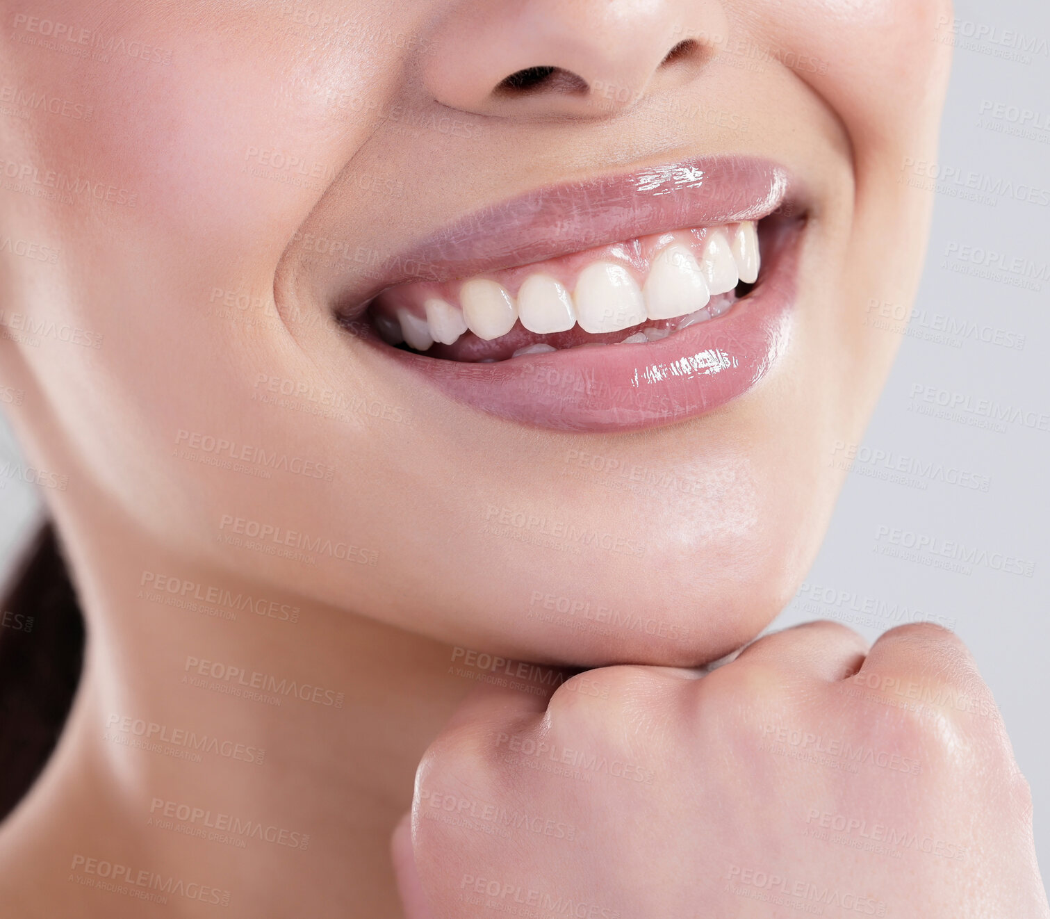 Buy stock photo Happy woman, mouth and teeth with confidence for dental care, hygiene or treatment on a gray studio background. Closeup of young female person with big smile for tooth whiteneing, lip gloss or glow