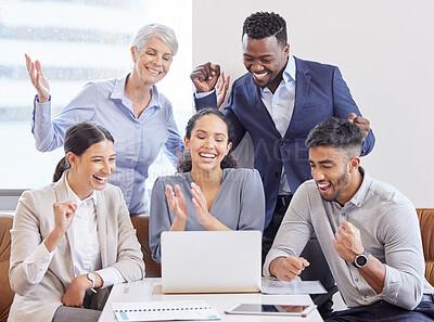 Buy stock photo Shot of a group of colleagues cheering in a office