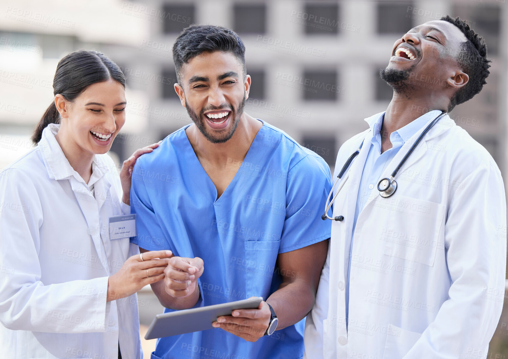 Buy stock photo Hospital, doctor and nurse relax with tablet on break to watch video or meme on social media. Happy, healthcare and people laugh outdoor in team building moment with funny joke on tech or online app