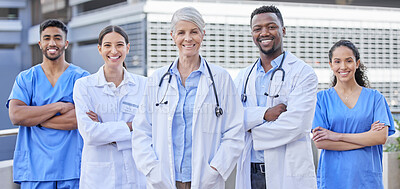 Buy stock photo Doctor team, city and portrait with happiness from healthcare and wellness workers. Urban, nursing people and happy clinic group with doctors motivation and support with expert and diversity staff