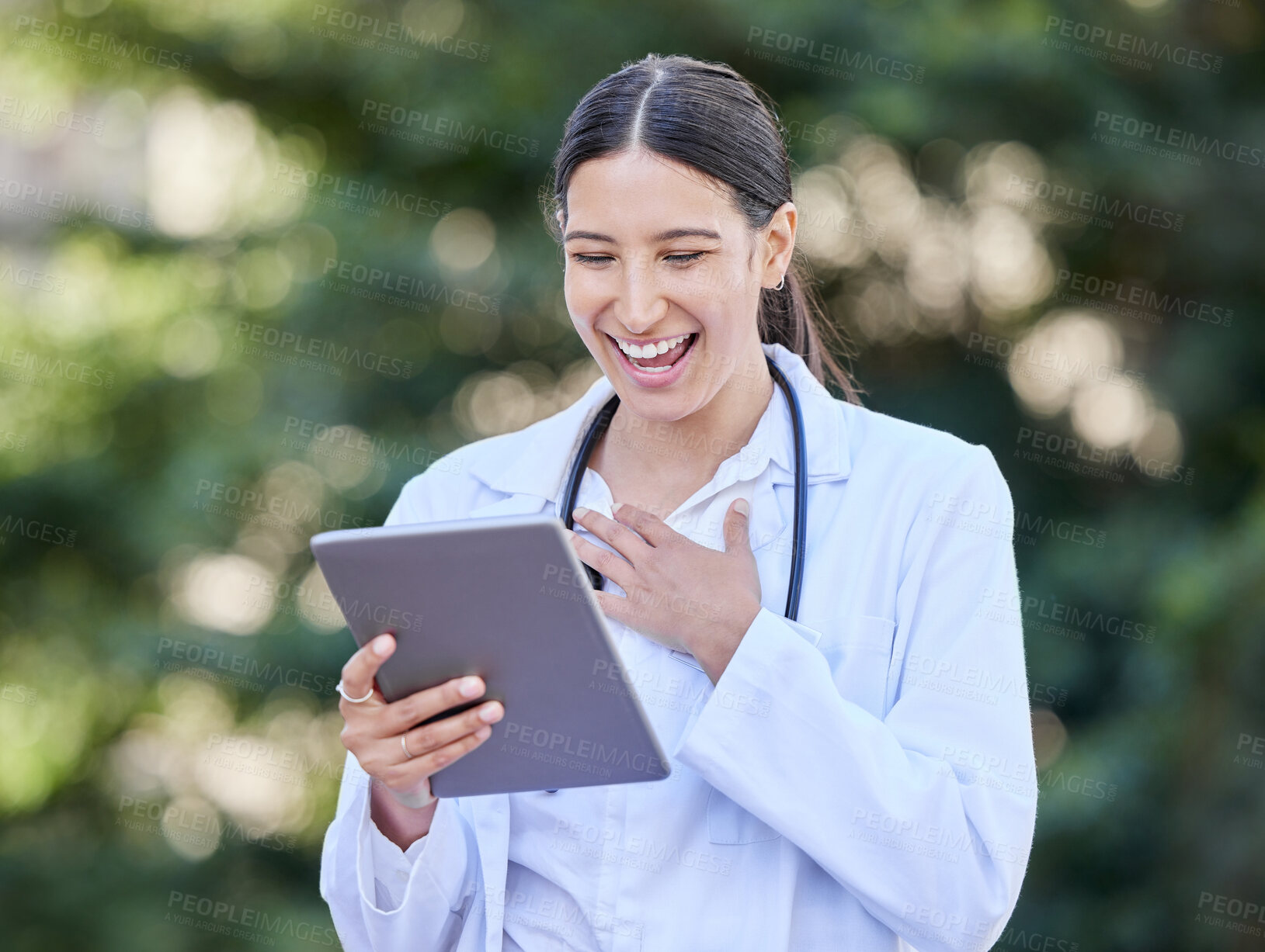 Buy stock photo Woman, winner and tablet for outdoor doctor, promotion and lottery success or medical prize. Female person, confident cardiologist and app for achievement, excited and healthcare victory or happy
