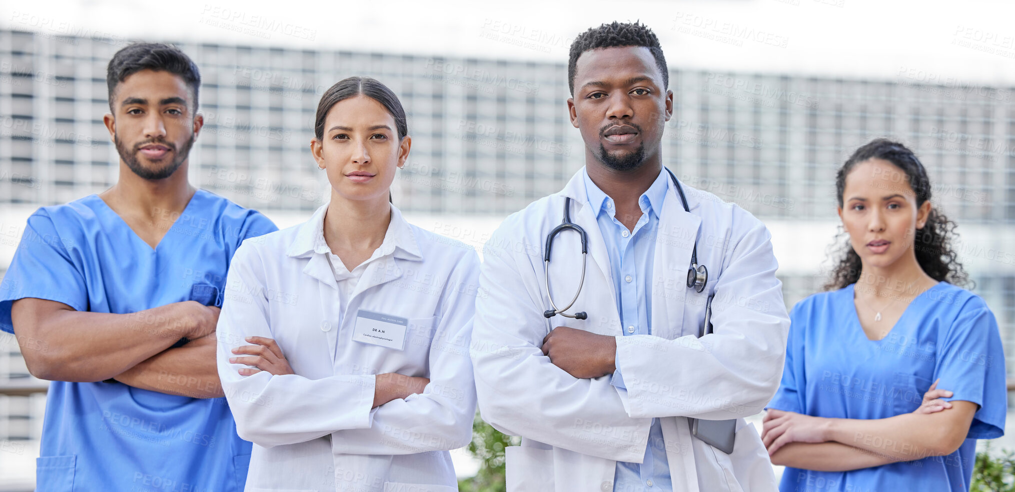 Buy stock photo Doctors, outdoor and confident portrait for medicine, medical service and healthcare solidarity. Collaboration, unity and teamwork or trust in staff or employees, diversity and proud of insurance