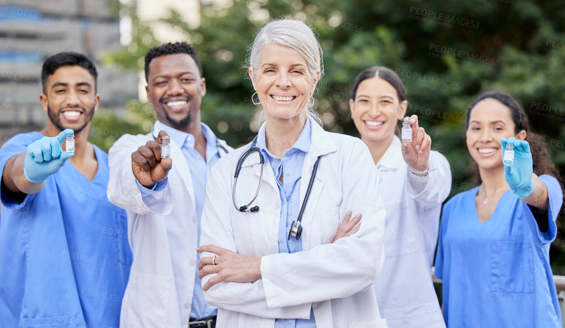 Buy stock photo Doctors, outdoor and portrait for vaccine vial, medicine and solidarity for healthcare drugs. Collaboration, unity and teamwork or leadership for virus treatment, antibiotics and bottle for booster