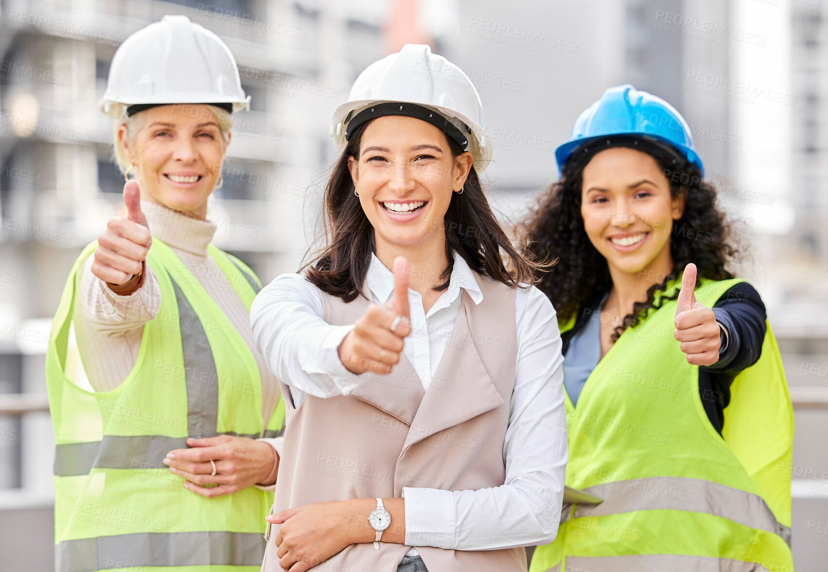 Buy stock photo Construction, teamwork and portrait of women with thumbs up, helmet and smile in civil engineering. Project management, collaboration and female support for building site, agreement and empowerment