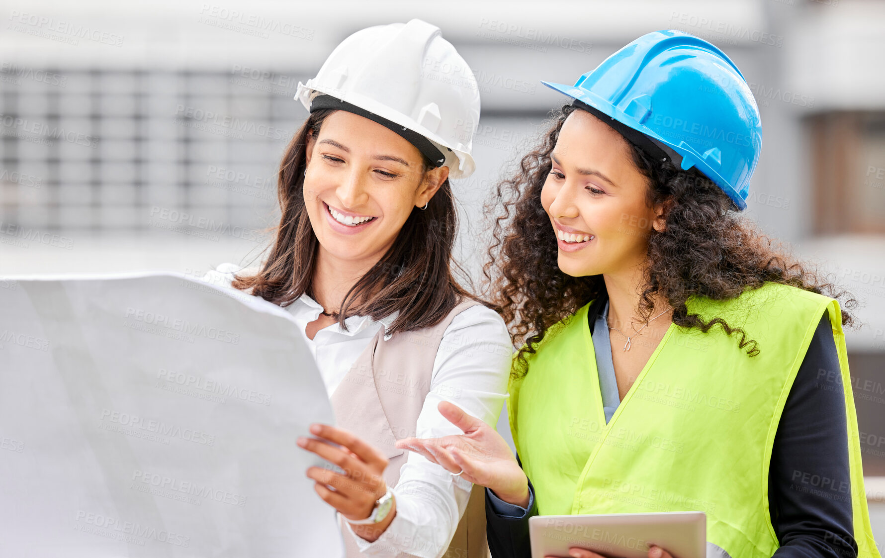 Buy stock photo Construction, teamwork and women with blueprint, tablet and city planning in civil engineering. Project management, collaboration and female partnership for building site, architecture and inspection
