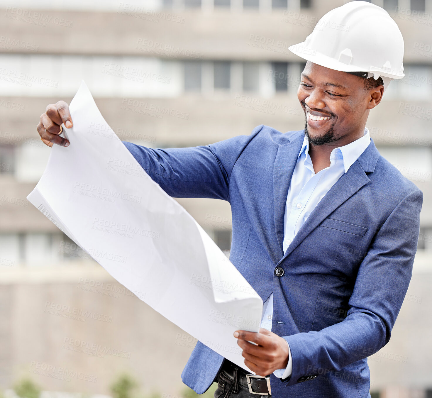 Buy stock photo Construction, city and business black man with blueprint, floorplan and documents for building design. Architecture, civil engineering and happy person with illustration for urban planning in town