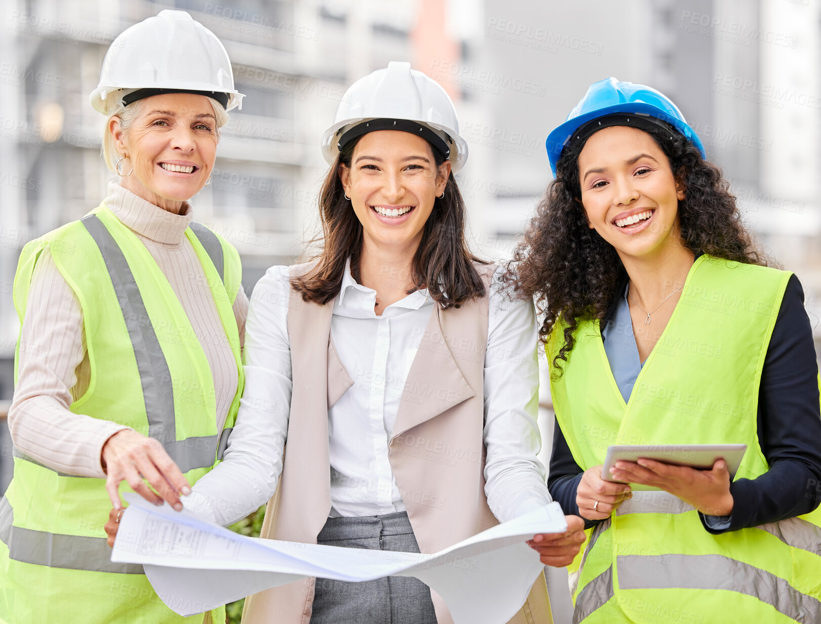 Buy stock photo Construction, teamwork and portrait of women with blueprint, tablet and smile in civil engineering. Project management, architecture and happy female collaboration at building site for city planning