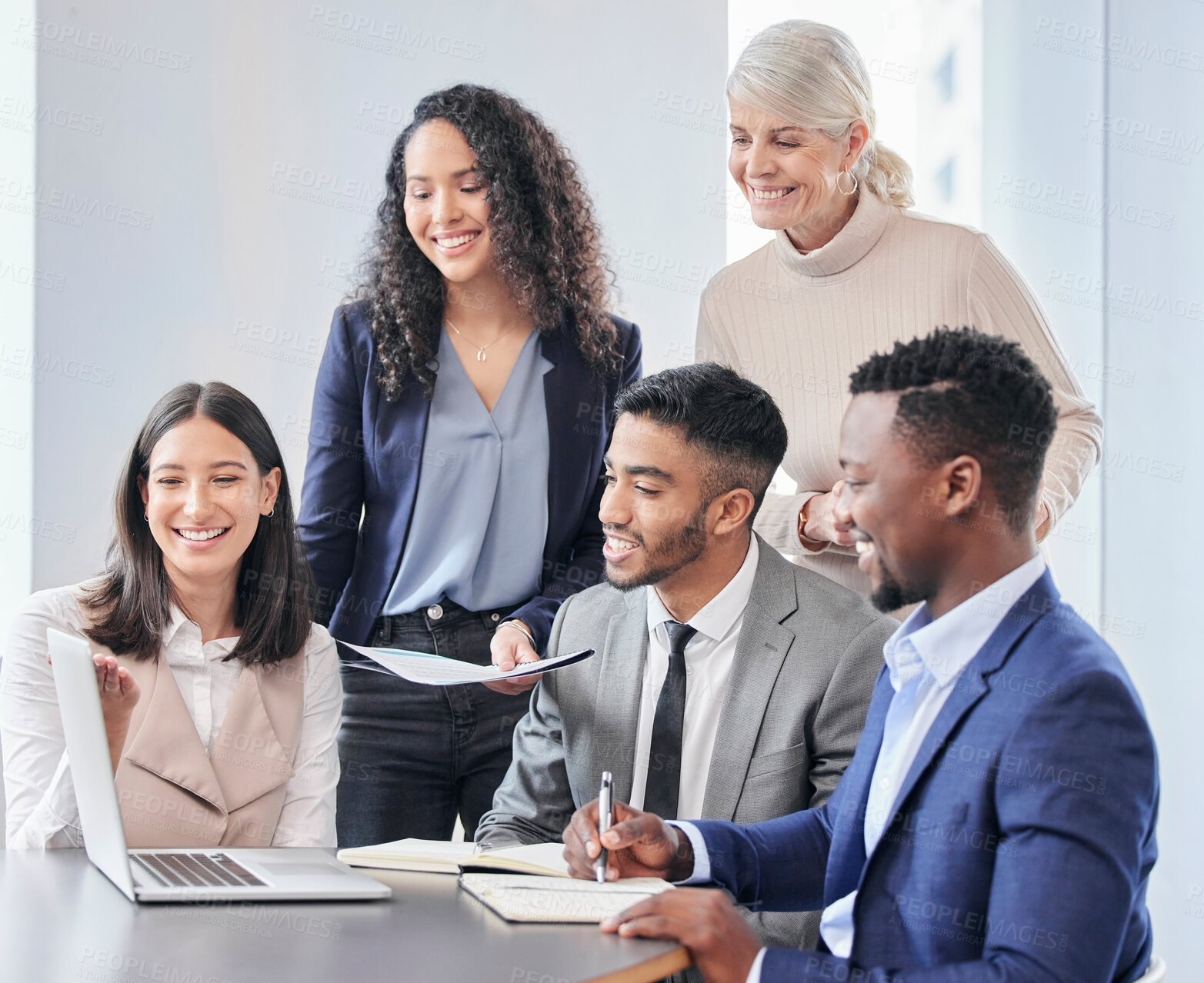 Buy stock photo Happy, business people and laptop for team meeting, communication and collaboration on company schedule. Smile, corporate group and seminar in office with computer and paperwork for planning calendar