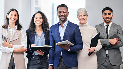 Buy stock photo Business people, group portrait and diversity in finance agency, smile and ready for meeting. Confident men, women and pride for teamwork, financial management or tech for solidarity in modern office