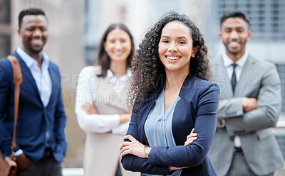 Buy stock photo Business woman, city portrait and arms crossed outdoor with leadership and management success. Professional, team and group with a smile from company diversity and solidarity for corporate work
