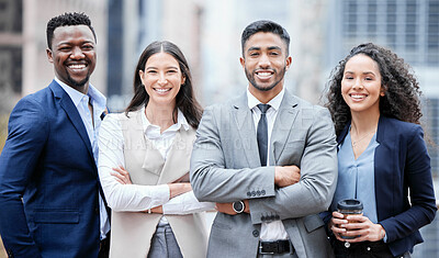 Buy stock photo Business people, city portrait and arms crossed outdoor with leadership and management success. Professional, team and group with a smile from company diversity and solidarity for corporate work