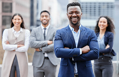Buy stock photo Business man, city portrait and manager arms crossed outdoor with leadership and success. Professional, team and African male person with a smile from company and solidarity for corporate work