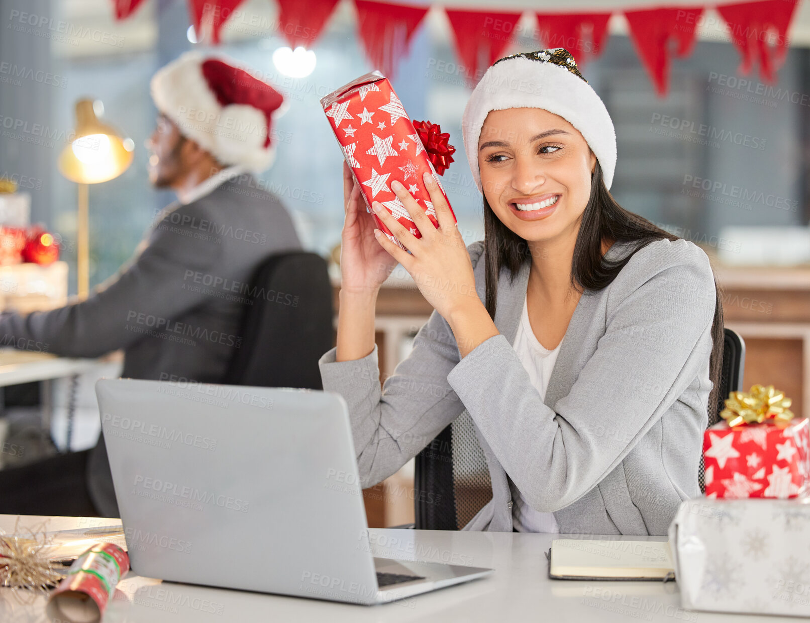 Buy stock photo Employee, curious and woman with Christmas gift, wonder or happiness with festive season, parcel or thinking. Person, agent or consultant with Xmas present, guessing or celebration with box and smile