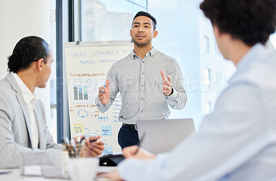 Buy stock photo Asian man, business and boardroom presentation with graphs or statistics, market research or growth. Male person, colleagues and financial plan or company charts for strategy data, results or clients