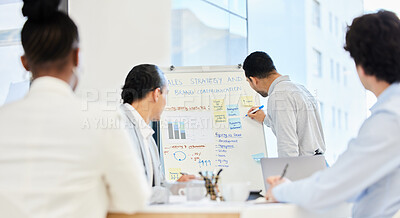 Buy stock photo Businessman, presentation and whiteboard in conference room with graphs, statistics or market research. Male person, teamwork and financial plan with company charts for strategy, results or clients