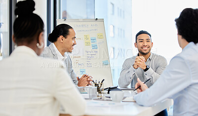 Buy stock photo Asian man, business and charts presentation with teamwork or graphs statistics, growth or economy. Male person, colleagues and financial planning for company strategy with data, results or clients