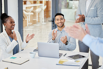 Buy stock photo Business people, meeting and applause with presentation and congratulations, praise and pride in team. Corporate group, collaboration or partnership with clapping hands for bonus, support and success