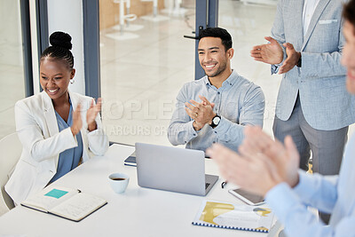 Buy stock photo People, business meeting and applause with presentation and congratulations, praise and pride in team. Corporate group, collaboration or partnership with clapping hands for bonus, support and success