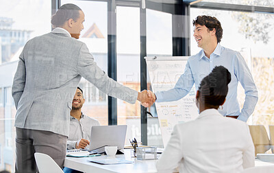 Buy stock photo Business people, meeting and handshake with presentation and congratulations, praise and pride in team. Corporate group, collaboration or partnership with shaking hands for bonus, support and success