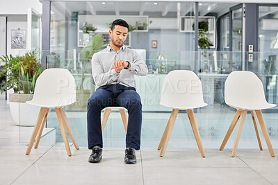 Buy stock photo Man, watch and time in queue for interview at startup with thinking in waiting room for meeting with HR. Person, clock and row for job opportunity, hiring or recruitment with ideas in lobby at office