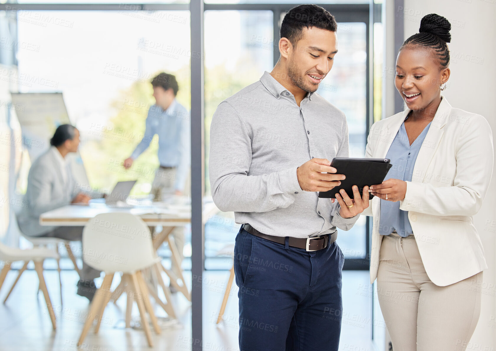 Buy stock photo Business meeting, digital tablet and people in office for creative, planning and collaboration. Project management, diversity and person team online for design, discussion and advice for proposal