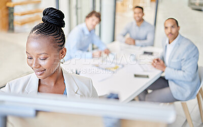 Buy stock photo Business people, meeting and presentation for corporate training, coaching and strategy with team in conference room. Teaching, seminar and collaboration with presenter, information and planning