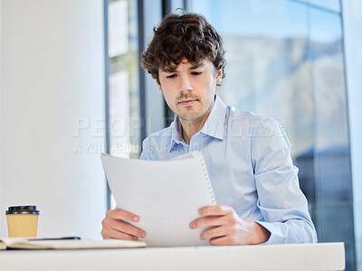 Buy stock photo Man, hr and reading resume in office with thinking, decision and documentation for talent search at company. Manager, paperwork and choice for recruitment drive, job and cv at human resources agency