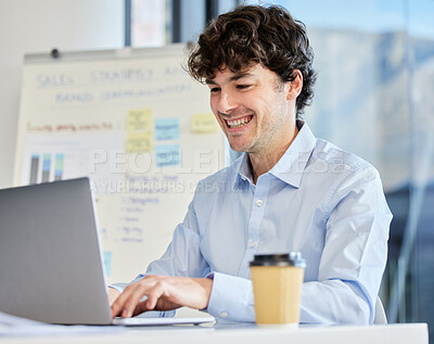 Buy stock photo Businessman, laptop and whiteboard charts in office as statistics graphs or finance, planning or market research. Male person, smile and online investment or sales analytics as growth, data or email