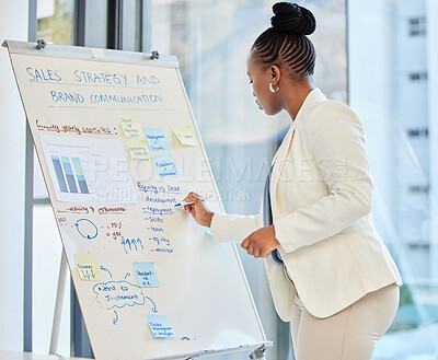 Buy stock photo Whiteboard, business and black woman writing, planning and brainstorming, strategy and marketing in office. Branding, management and African female manager with visual for sales, target and solution