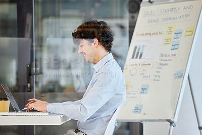 Buy stock photo Businessman, laptop and office with whiteboard graphs for investment, data analysis or charts. Male person, smile and financial planning for corporate growth or trading, statistics or stock market