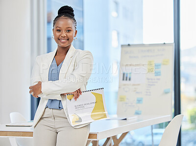 Buy stock photo Business, portrait and black woman with documents in office for proposal, development and planning. Face, leader and female ceo with file for review, startup and strategy, mission and our vision