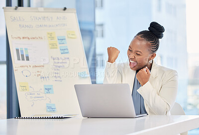 Buy stock photo Woman, laptop and fist celebration in office with smile, sales or productivity for profit, win or goals. Black business person, computer or cheers for success with presentation, whiteboard or results