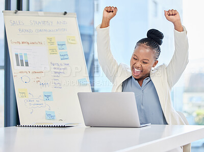 Buy stock photo Woman, laptop and cheers with fist in office, smile and sales performance for profit, win or goals. Black business person, computer and celebration for success with presentation, whiteboard or review