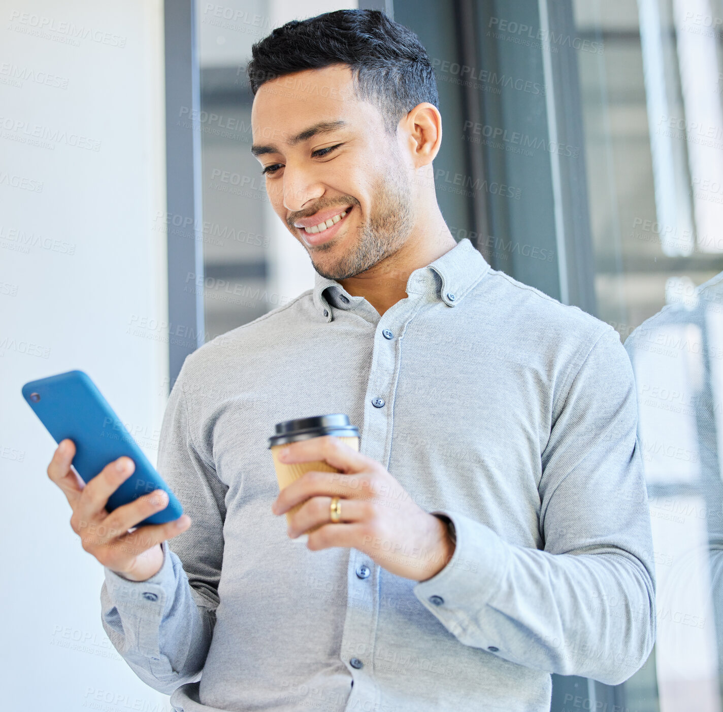 Buy stock photo Business man with smartphone, coffee break and social media check, smile at post with communication and tech. Male professional at office, scroll internet and connectivity with hot drink and app