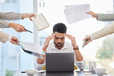 Buy stock photo Business man, stress and demand in office with headache, anxiety and fatigue of challenge. Burnout, deadline and frustrated male worker with bad time management, chaos and depression of mental health
