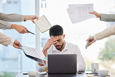 Buy stock photo Stress, headache and multitask with business man in office for deadline, burnout and overworked. Mental health, anxiety and tired with depressed male employee for frustrated, fatigue and crisis