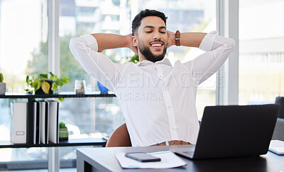 Buy stock photo Laptop, relax and happy business man stretching at a desk after deadline, project and review satisfaction in office. Smile, stretch and Mexican male manager relieved with online development or result