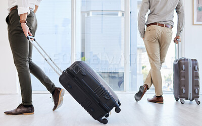 Buy stock photo Airport, suitcase and legs of business people for travel, flight and floor of building lobby on global trip. Closeup, airplane and luggage of corporate passenger for journey, voyage and air transport