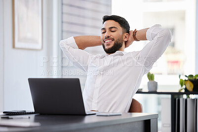 Buy stock photo Laptop, smile and happy business man stretching at a desk after deadline, project and review satisfaction in office. Relax, stretch and Mexican male manager relieved with online development or result