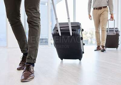 Buy stock photo Airport, feet and business men walking with suitcase for travel, airplane flight and terminal gate for trip. Closeup, luggage and legs on corporate journey, plane transportation and global voyage 